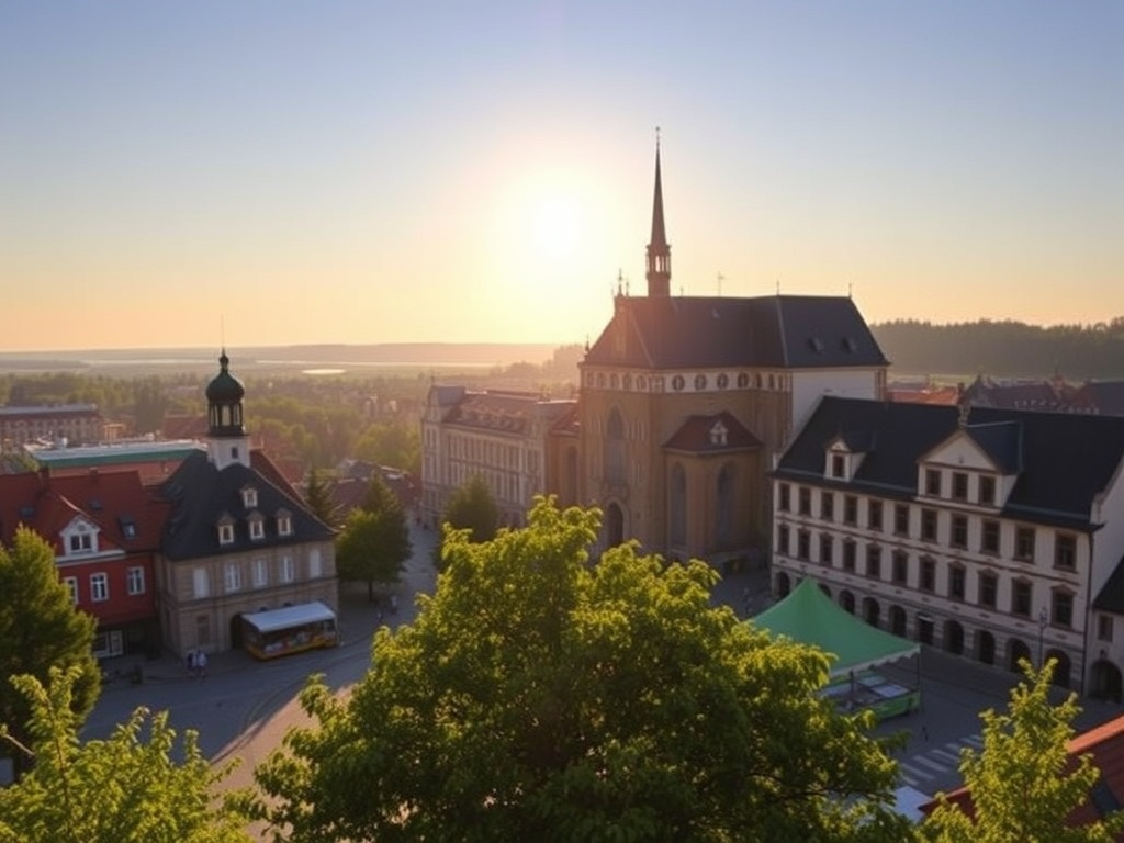 Widok na rzekę Wisłę w Nieszawie podczas wiosennego dnia, z zielenią i spokojną wodą.